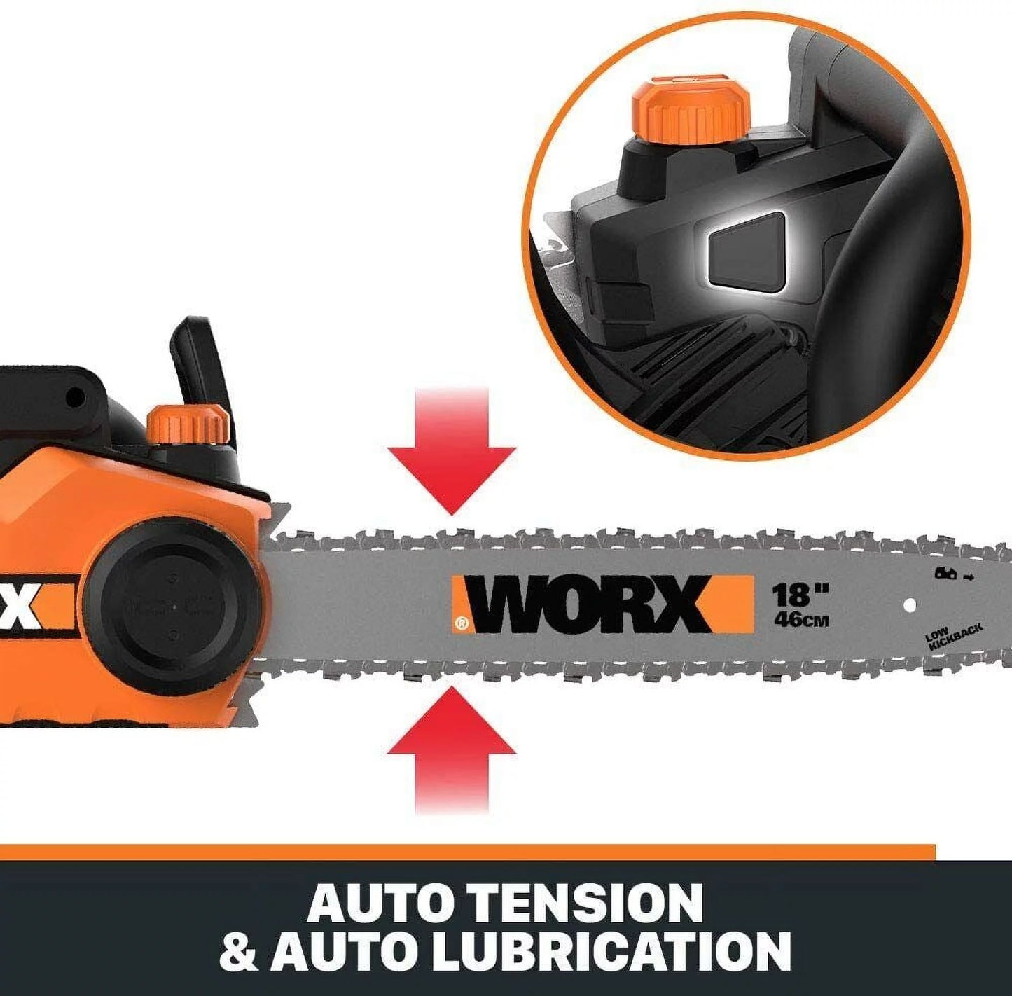 Worx WG304.2 18in 15 Amp Electric Chainsaw with Auto-Tension, Chain Brake