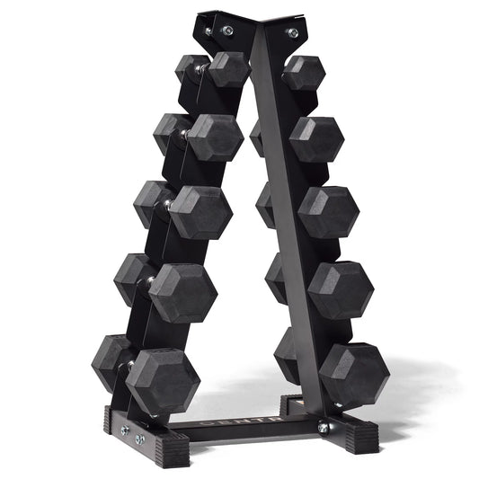 Centr 150 lb Rubber Hex Dumbbell Set with Rack, 5-25 lb Weights, Black