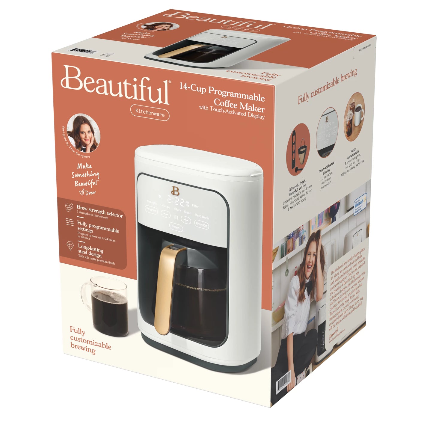 Beautiful 14-Cup Programmable Drip Coffee Maker with Touch-Activated Display, White Icing by Drew Barrymore