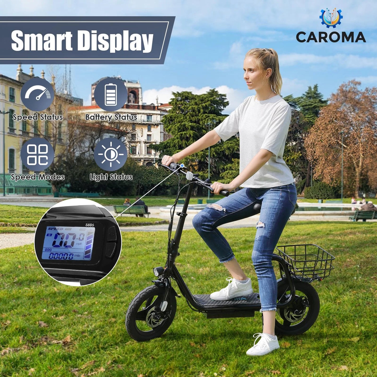 Caroma 500W Electric Scooter with Seat for Adult, 20 Mph Bike with Basket, 300lbs Max Load and 14&#8243; Fat Tire E Mopeds