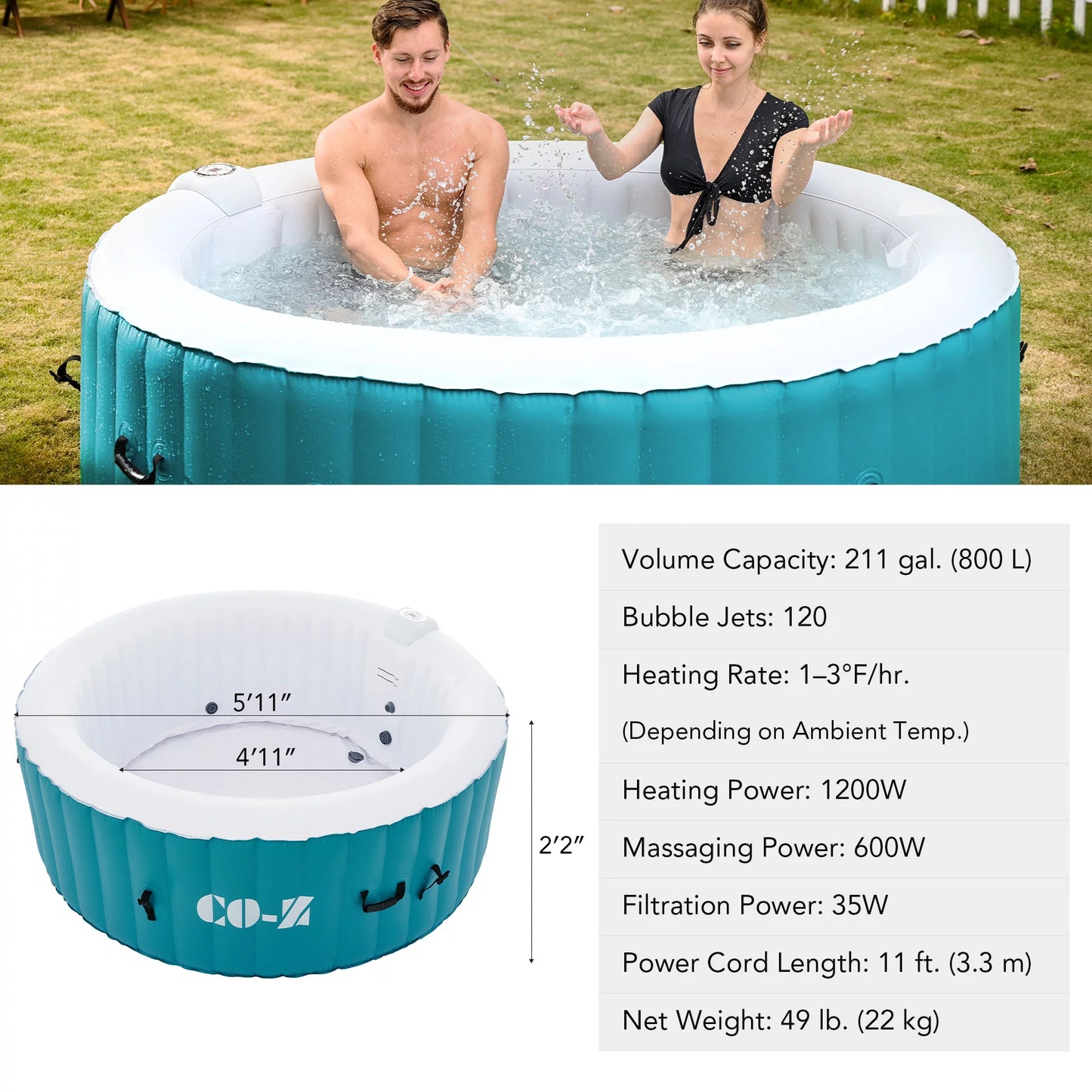 CO-Z 4 Person 6ft Inflatable Hot Tub Pool with Massage Jets and All Accessories Teal