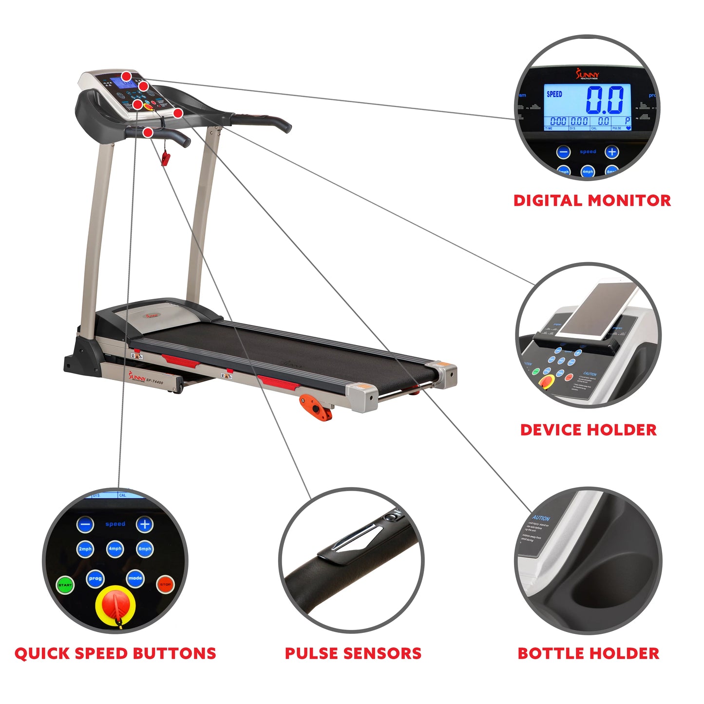 Sunny Health &#038; Fitness Treadmill with Manual Incline, Pulse Sensors, Folding, LCD Monitor for Exercise SF-T4400