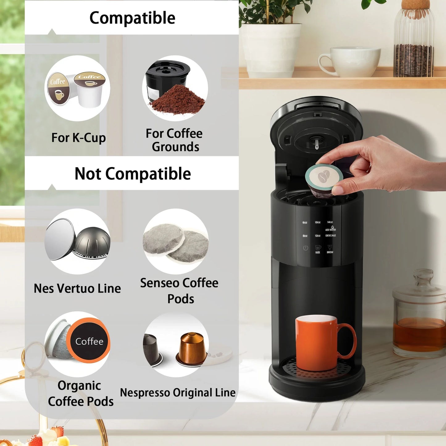 Besttey Coffee Maker 2-in-1 Single Serve Coffee Machine, for K-Cup Coffee Capsule Pod, Ground Coffee Powder Brewer, Black