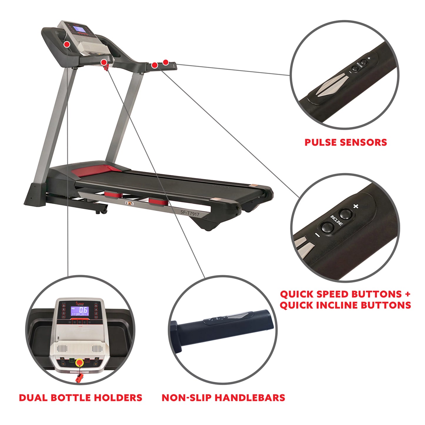 Sunny Health Fitness Electric Incline Treadmill, Bluetooth Speakers, USB Charge Function, Home Workout Exercise Machine, SF-T7917