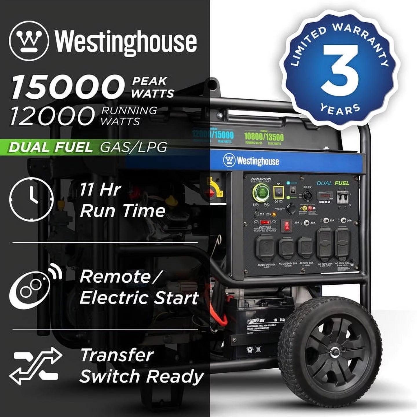 Westinghouse 15,000 Peak Watt Dual Fuel Portable Generator, Gas or Propane, Home Backup, CO Sensor