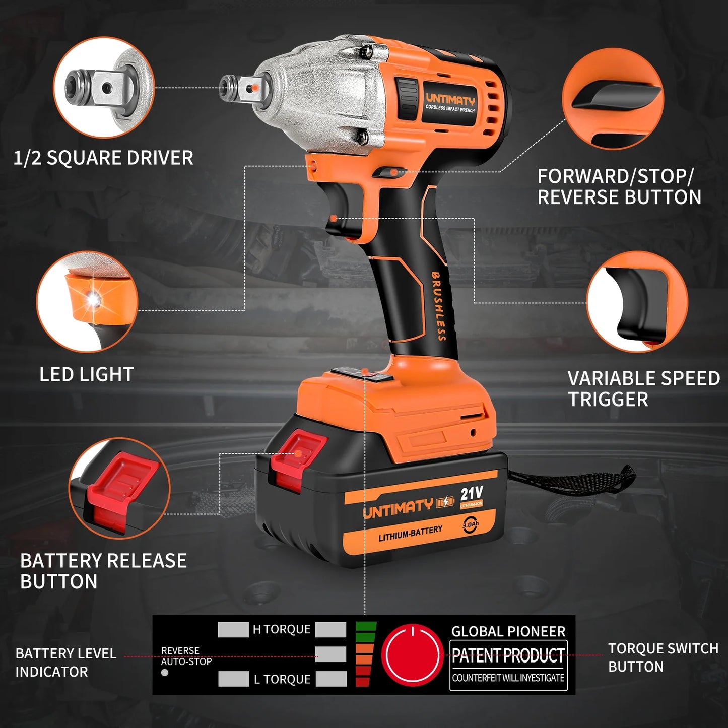 Cordless Impact Wrench, UNTIMATY 1/2 inch  Brushless Impact Gun, Max Torque 350 Ft-lbs??450N.m?? Impact Wrench with 20V Brushless Motor, with 3.0Ah Li-ion Battery &#038; 7 Sockets