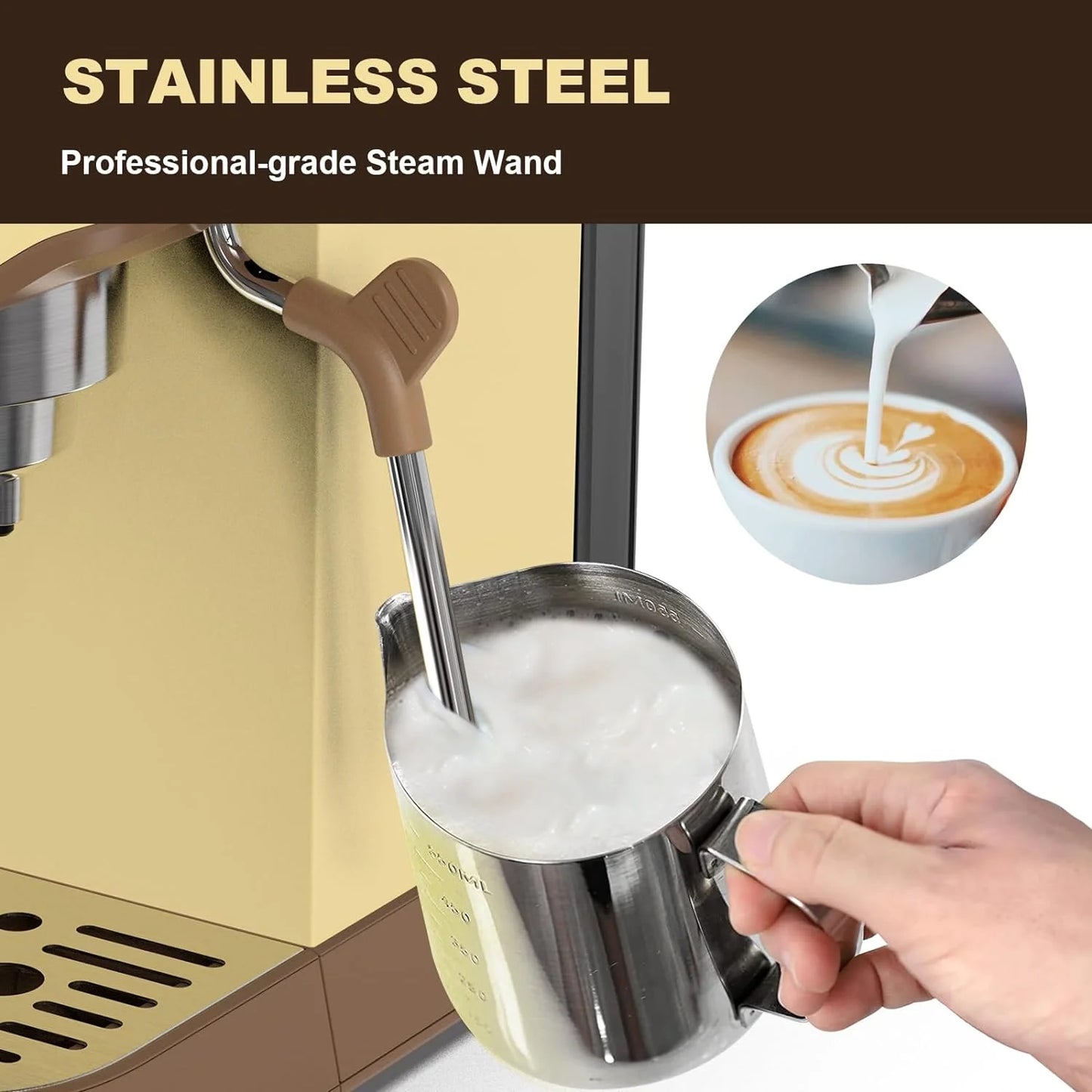 CAVDLE Espresso Machine 20 Bar Brand Bew Professional Espresso Maker with Milk Frother Steam Wand, Compact Coffee Machine (Mocha Cream)