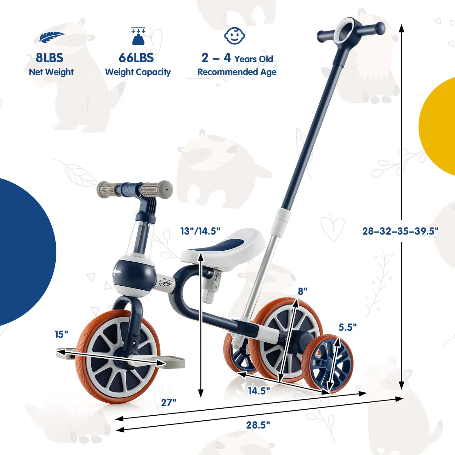 Coelon 4 in 1 Kids Tricycle for 2-4 Years Old, Toddler Bike with Adjustable Parent Push Handle Navy