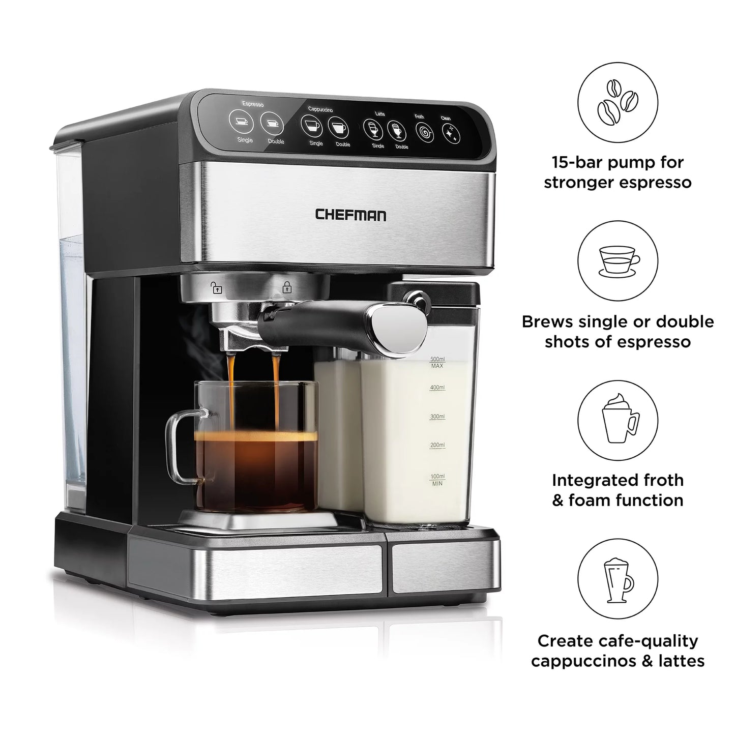 Chefman 6-in-1 Digital Espresso Machine w/ Integrated Milk Frother, 15-Bar Pump &#8211; Stainless Steel, New