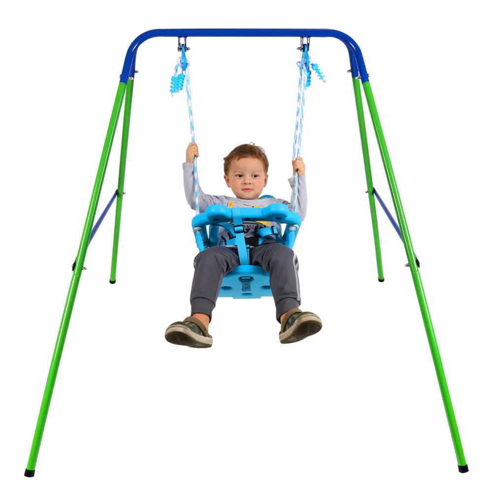 Toddler Swing Set Folding Metal Swing Set with Safety Seat for Baby Chirldren Gifts Sturdy Metal Swing Stand Safety Belt Indoor Outdoor Infant Swing for Toddlers Age 9-36 Months ChYoung