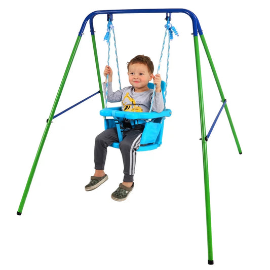 Toddler Swing Set Folding Metal Swing Set with Safety Seat for Baby Chirldren Gifts Sturdy Metal Swing Stand Safety Belt Indoor Outdoor Infant Swing for Toddlers Age 9-36 Months ChYoung