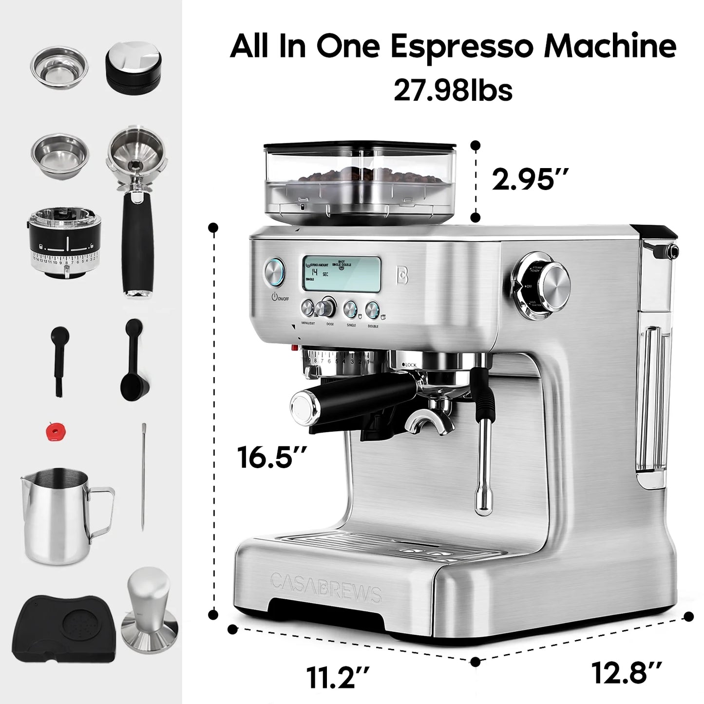 Casabrews 20 Bar Espresso Machine with LCD Display, Cappuccino Maker 92 fl oz Water Tank, Silver