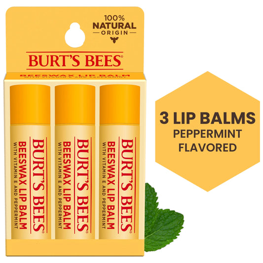 Burt&#8217;s Bees 100% Natural Moisturizing Lip Balm with Beeswax, Vitamin E &#038; Peppermint Oil, 3 Count