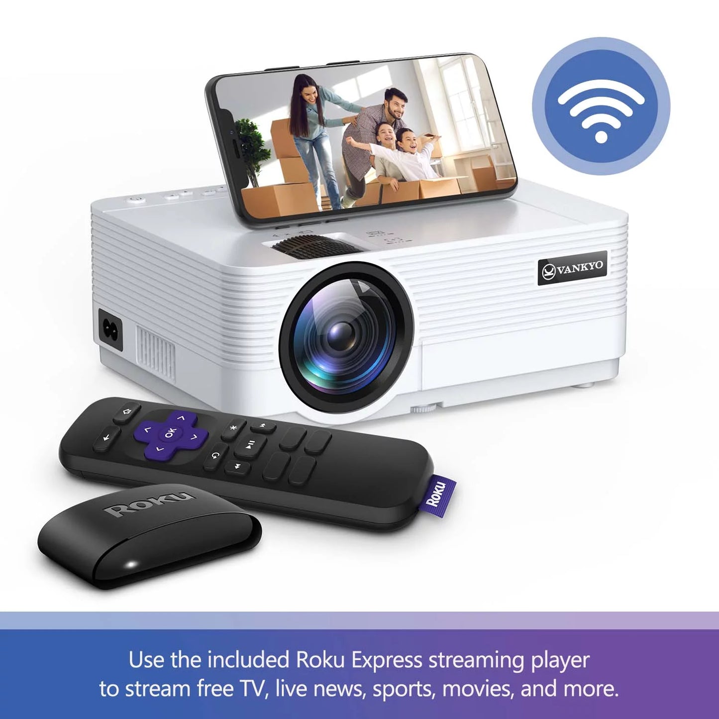 VANKYO Leisure 470 HD Mini Projector with Roku Express Streaming Player, 50000 Hrs LED Life, 240&#8221; Display Screen for Home Theater &#038; Outdoor Movies