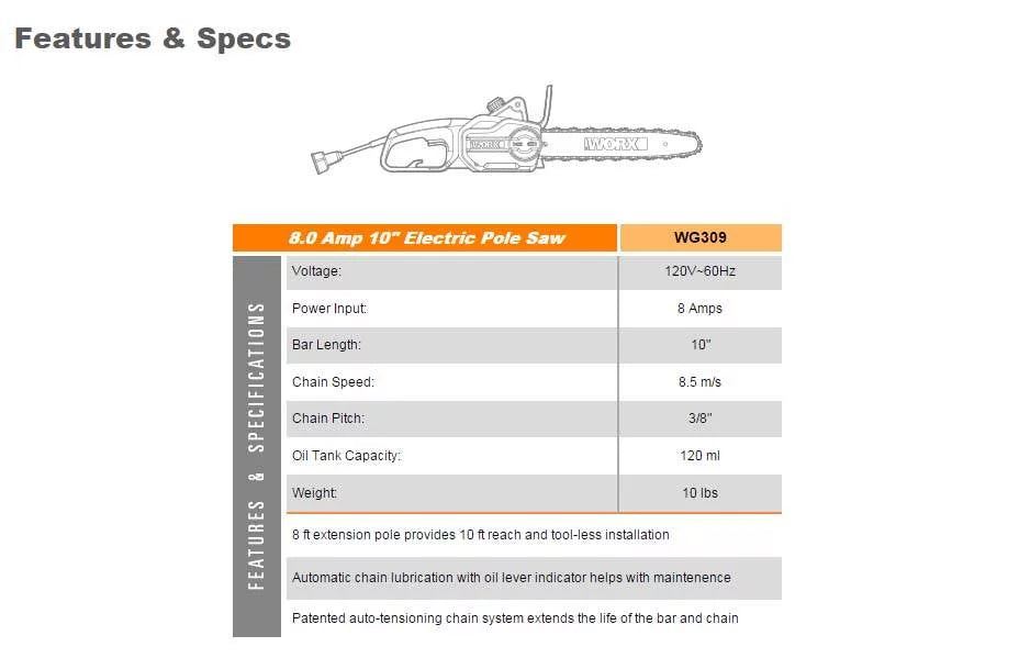 WORX WG309 8.0 Amp Electric Pole Saw, 10-Inch- Chainsaw and Pole Saw All in One