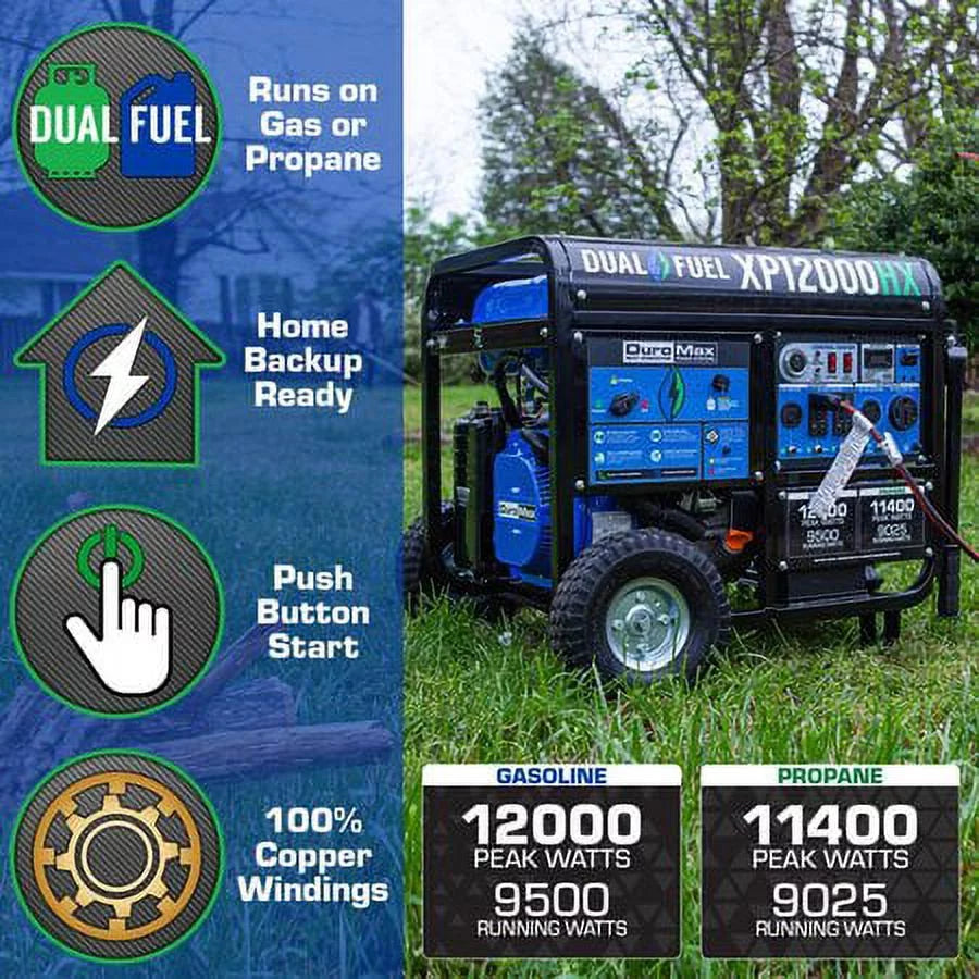 Duromax-XP12000HX DuroMax Generator Dual Fuel Gas Propane Portable with CO Alert 12,000 Watt