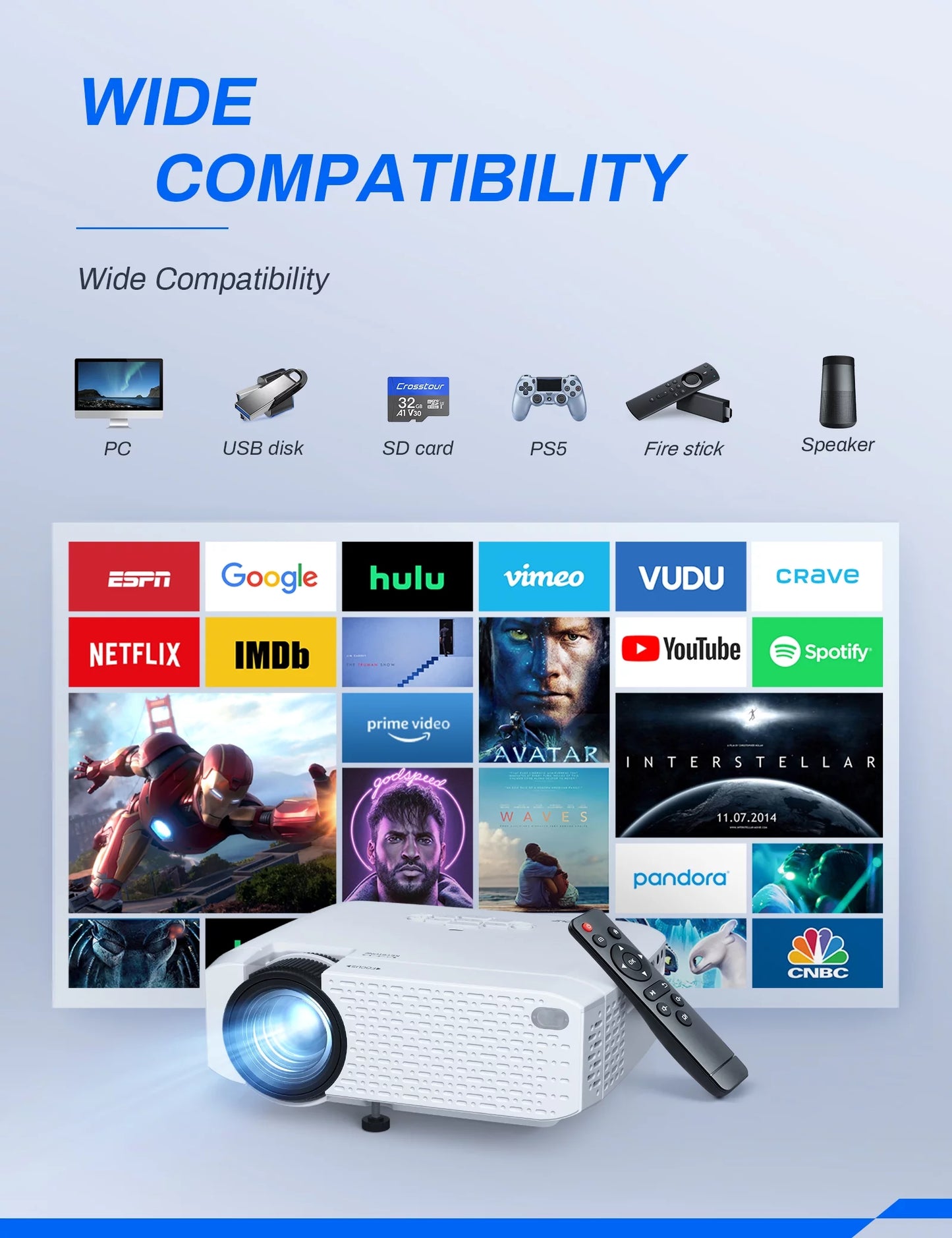 Crosstour WiFi Mini Portable Projector, HD 720P Supported Portable Video Outdoor Movie Projector with 200&#8221; Large Screen