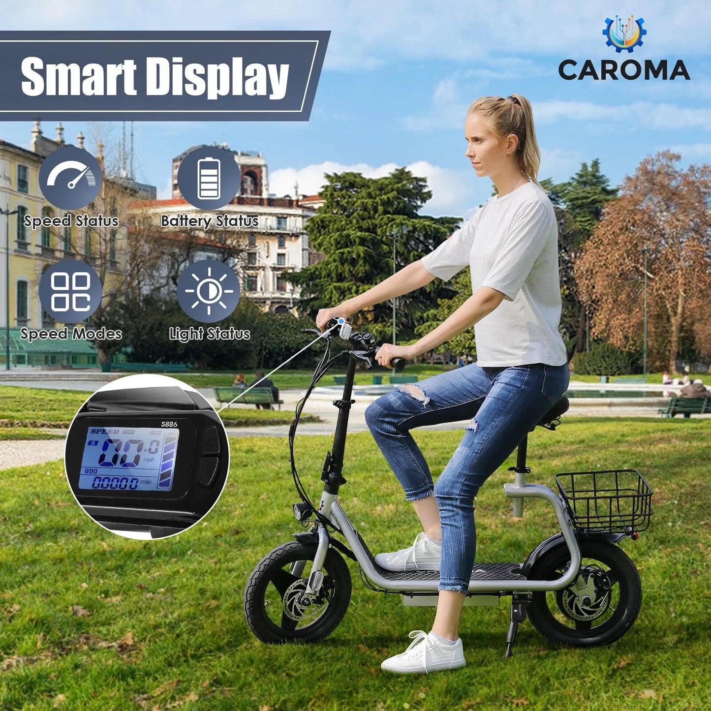 Caroma 500W Electric Scooter with Seat for Adult, 14 inch Commuter Electric Scooter with Dual Shock Absorbers and Basket &#8211; Up to 25 Miles 20 MPH, Silver