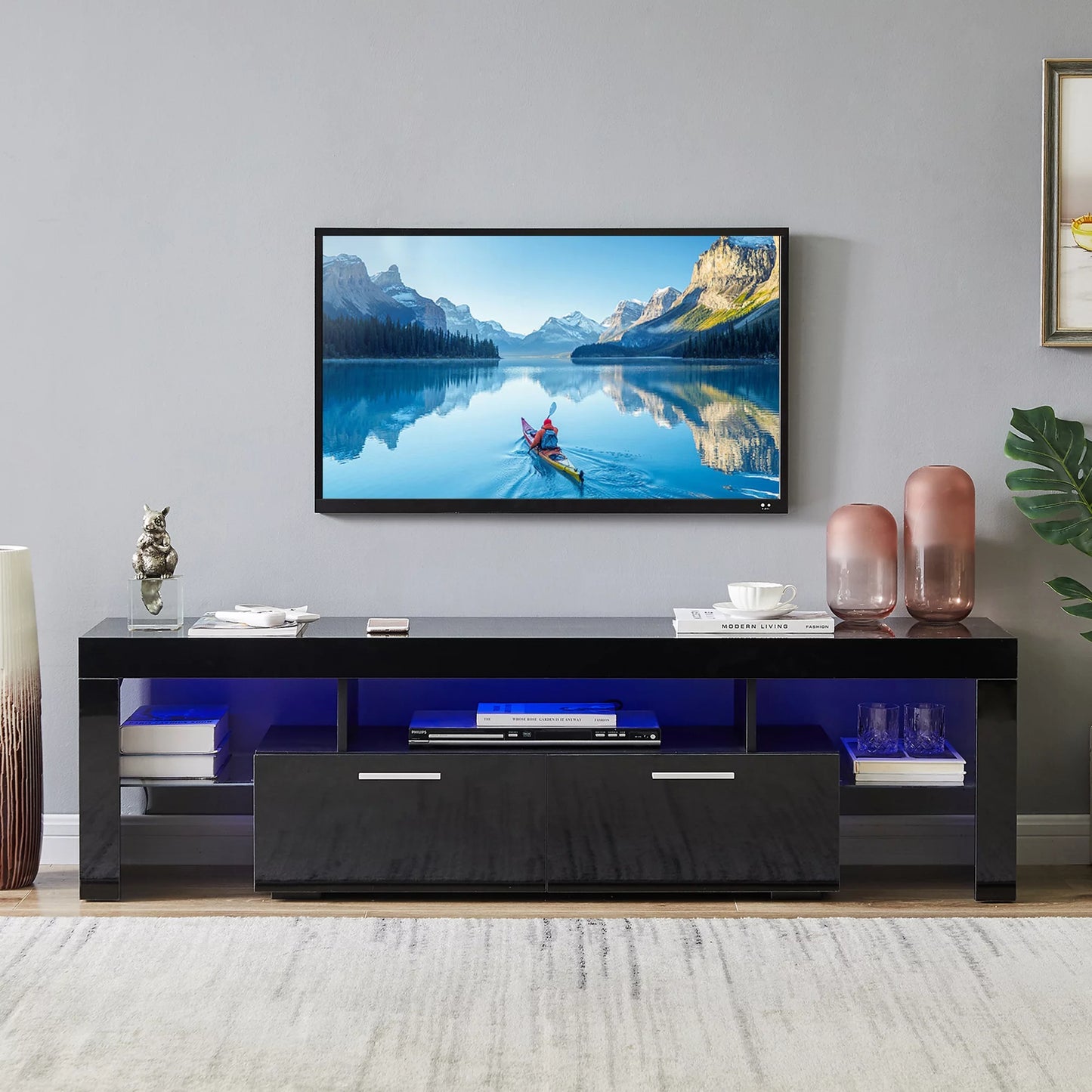 uhomepro TV Stand for TVs up to 70&#8243;, Living Room Entertainment Center with RGB LED Lights and Storage Shelves Furniture, White High Gloss TV Cabinet Console Table