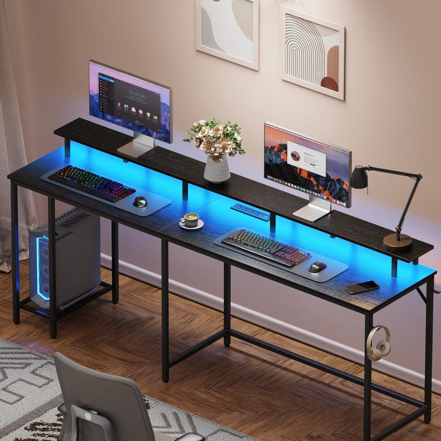 SUPERJARE L Shaped Desk with Outlets &#038; USB Ports, Gaming Desk with LED Light Strip, Corner Computer Desk, L Office Desk, Monitor Stand, Hooks, and Storage Shelves, Black