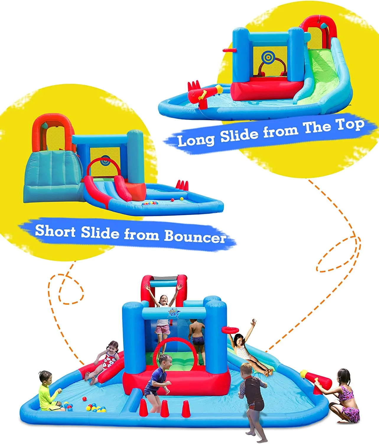 Action Air Water Slide, Inflatable Waterslides and Bouncy Castle All-in-one, Large Pool with 30 Pit Balls &#038; 2 Dart Balls