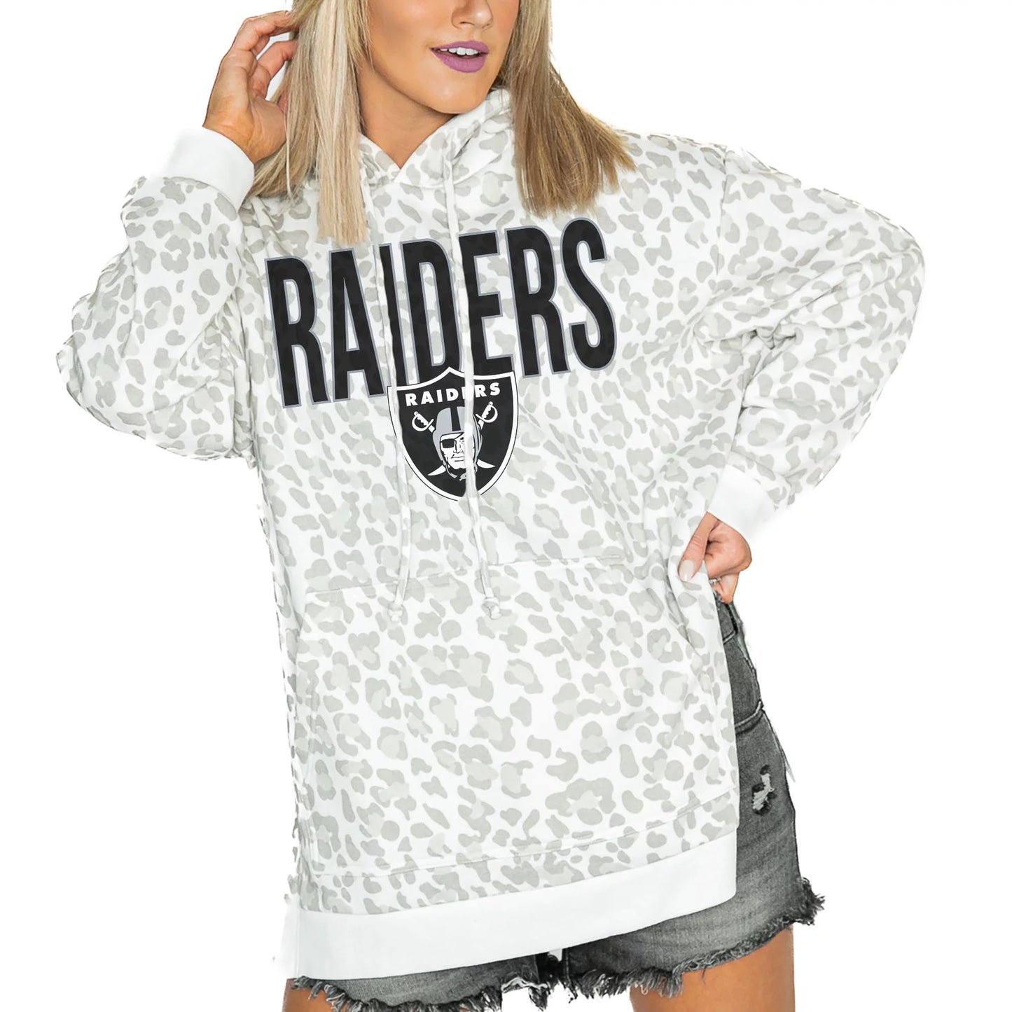 Womens&#8217; Gameday Couture  White Las Vegas Raiders Leopard Side Slit Pullover Hoodie