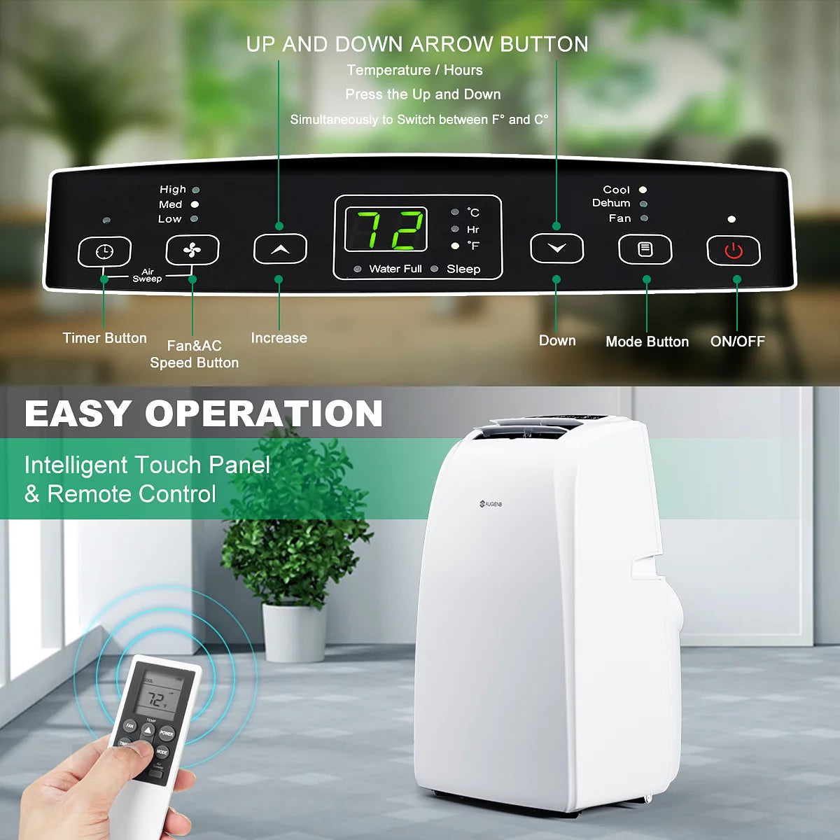 AUGIENB 14000 BTU Portable Air Conditioner,Evaporative Air Cooler ,Dehumidifier Cooling Fan 24-Hour Timer,Cooling Up to 500 Sq, W/ Remote Control &#038;Window Kit