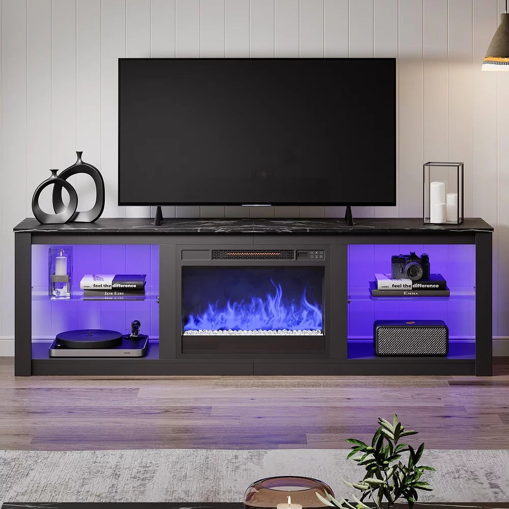 Bestier Electric Fireplace TV Stand for 75inch TV, Farmhouse Entertainment Center with LED Light for Living Room in Black