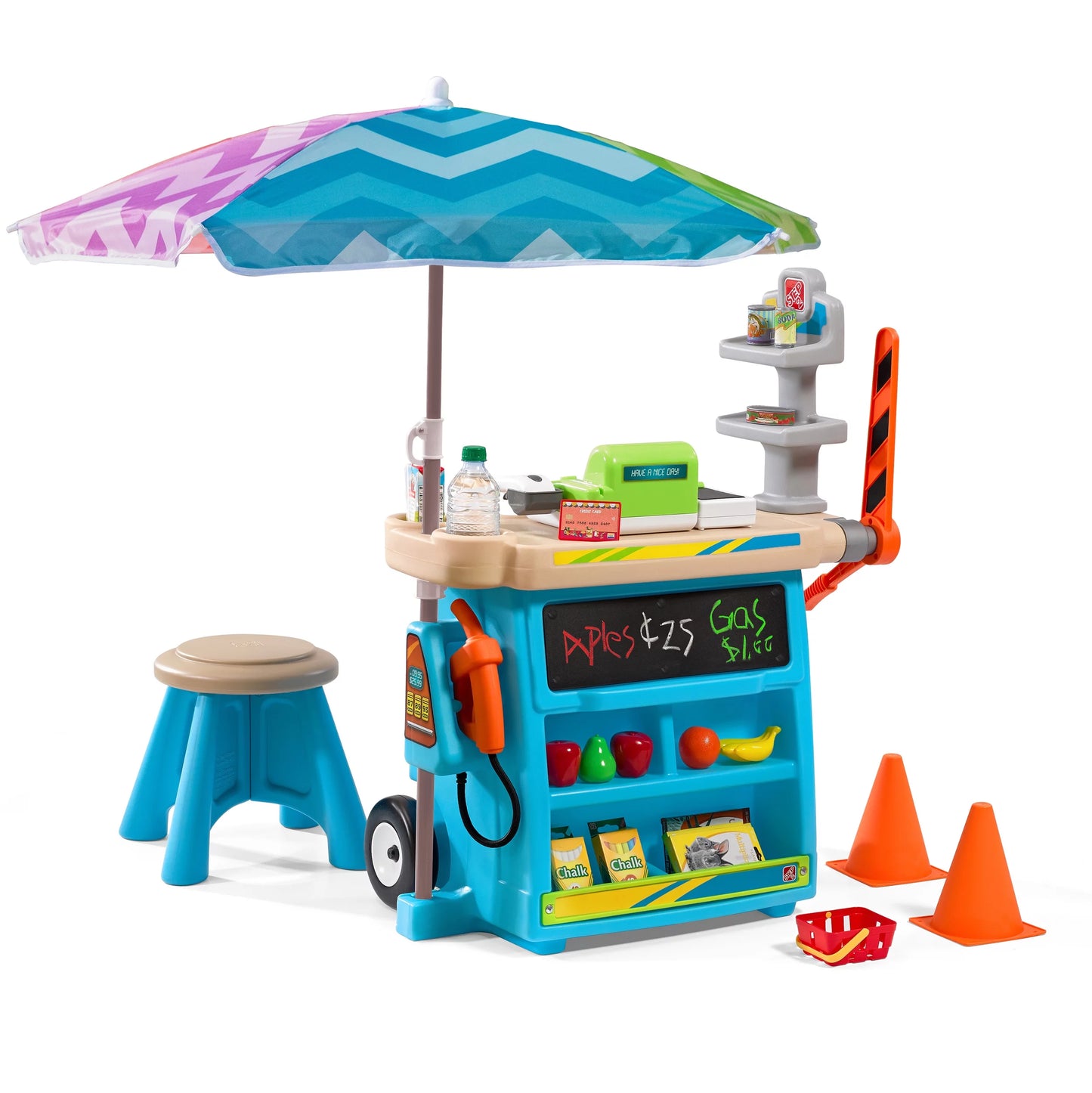 Step2 Stop &#038; Go Market Toddler Blue Kids Plastic Playset with Umbrella