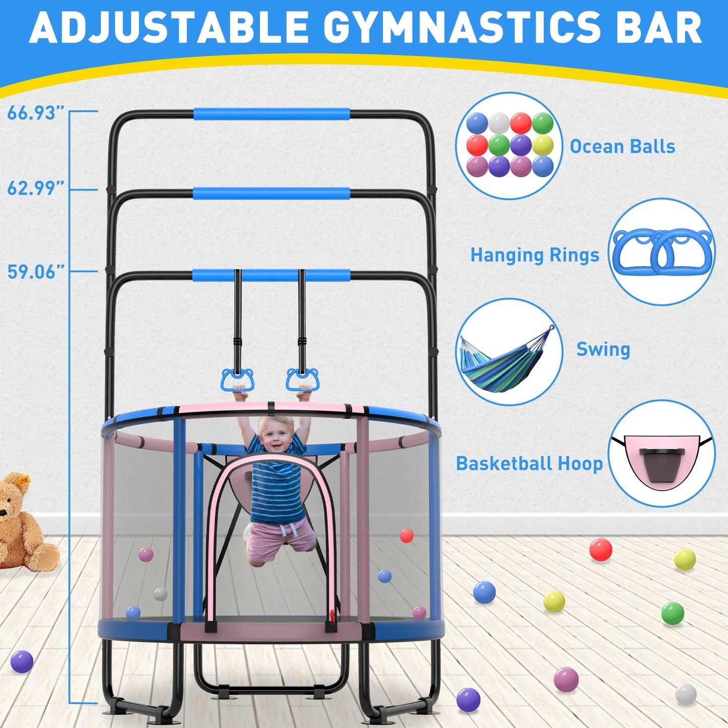 CITYLE Trampoline for Kids, 5FT Toddler Trampoline with Basketball Hoop, Swing, Adjustable Bar, Indoor Outdoor Mini Trampoline with Enclosure Net, Gifts for Toddlers, Boys &#038; Girls Age 1-8