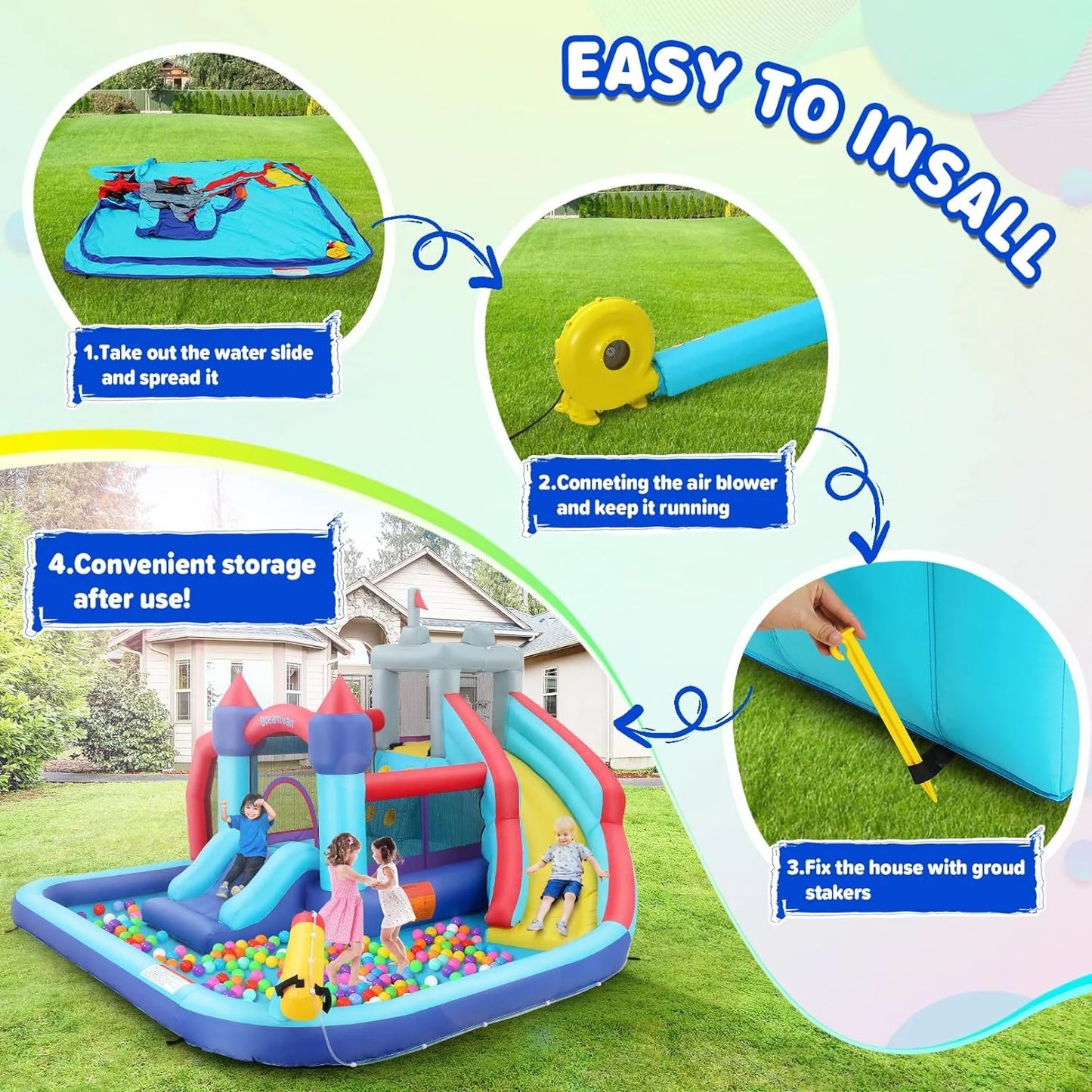 Bounce House for Kids with Blower, Inflatable Water Slide with Soccer Frame, Water Cannon Included, Backyard Water Park for Indoor/Outdoor Parties, Toddler Gift