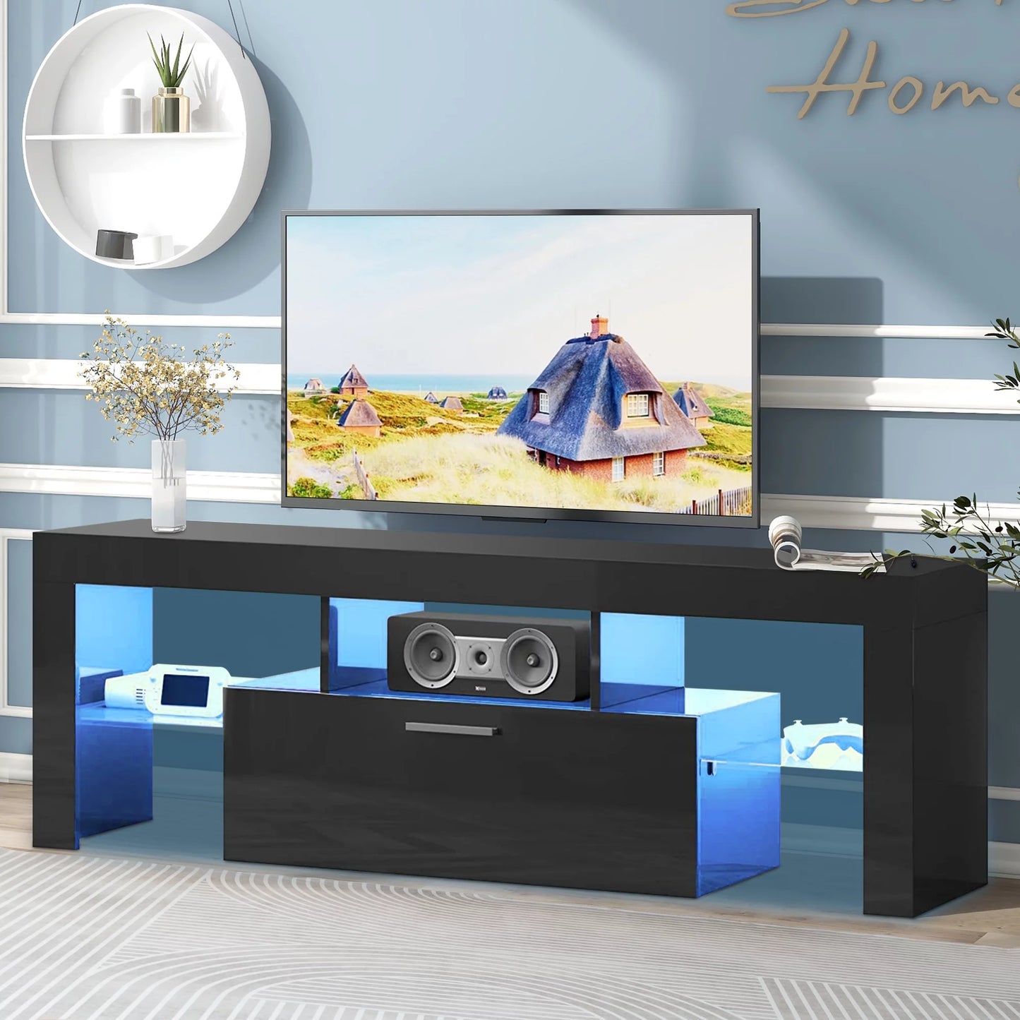 uhomepro TV Stand for TVs up to 70&#8243;, Living Room Entertainment Center with RGB LED Lights and Storage Shelves Furniture, White High Gloss TV Cabinet Console Table