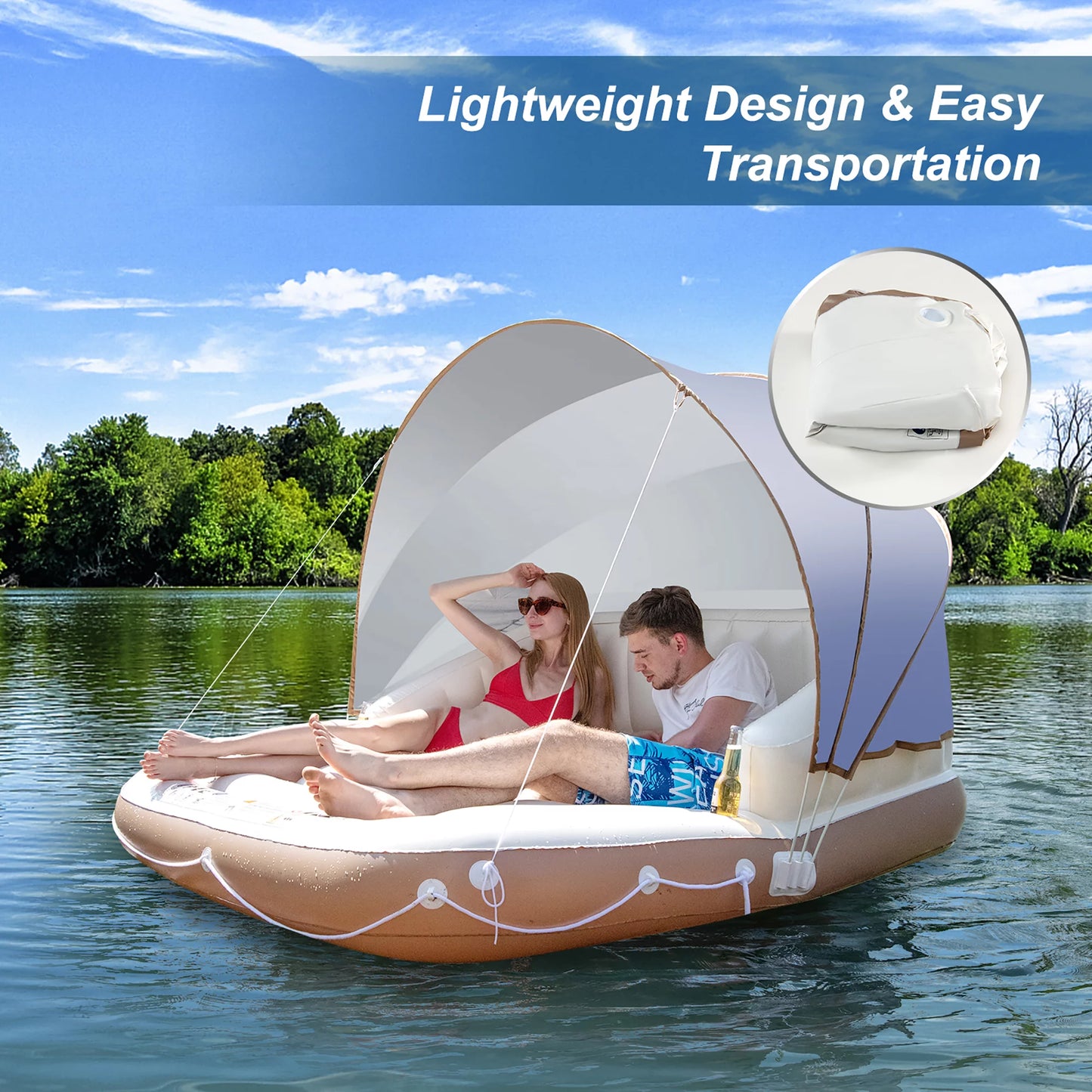 Costway Floating Island Inflatable Swimming Pool Float Lounge Raft with Canopy SPF50+ Retractable Detachable Sunshade with Two Cup Holders White