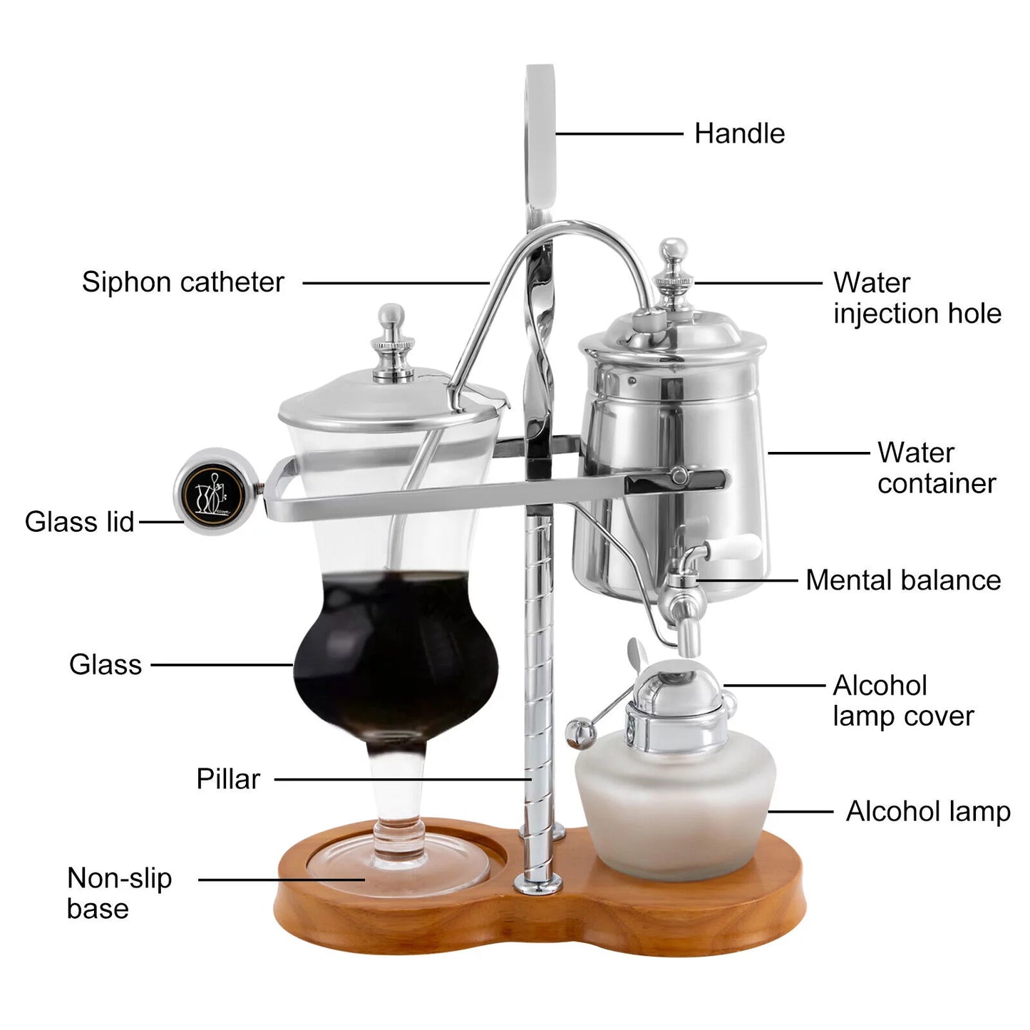 Belgian Syphon Coffee Maker Set, 4-Cup Vintage Luxury Royal Siphon Coffee Brewer for Home Office Gold