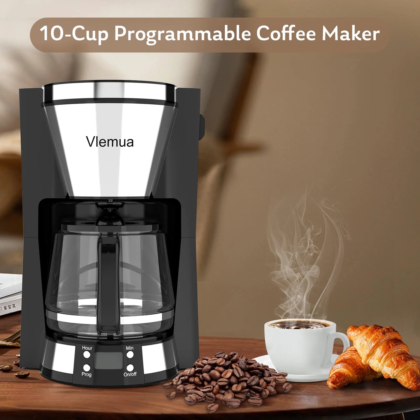 10-Cup Programmable Coffee Maker, Quick Brew Coffee Machine with Automatic Drip Coffee Maker with Timer, Auto Shut Off, Keep-warm Plate, White