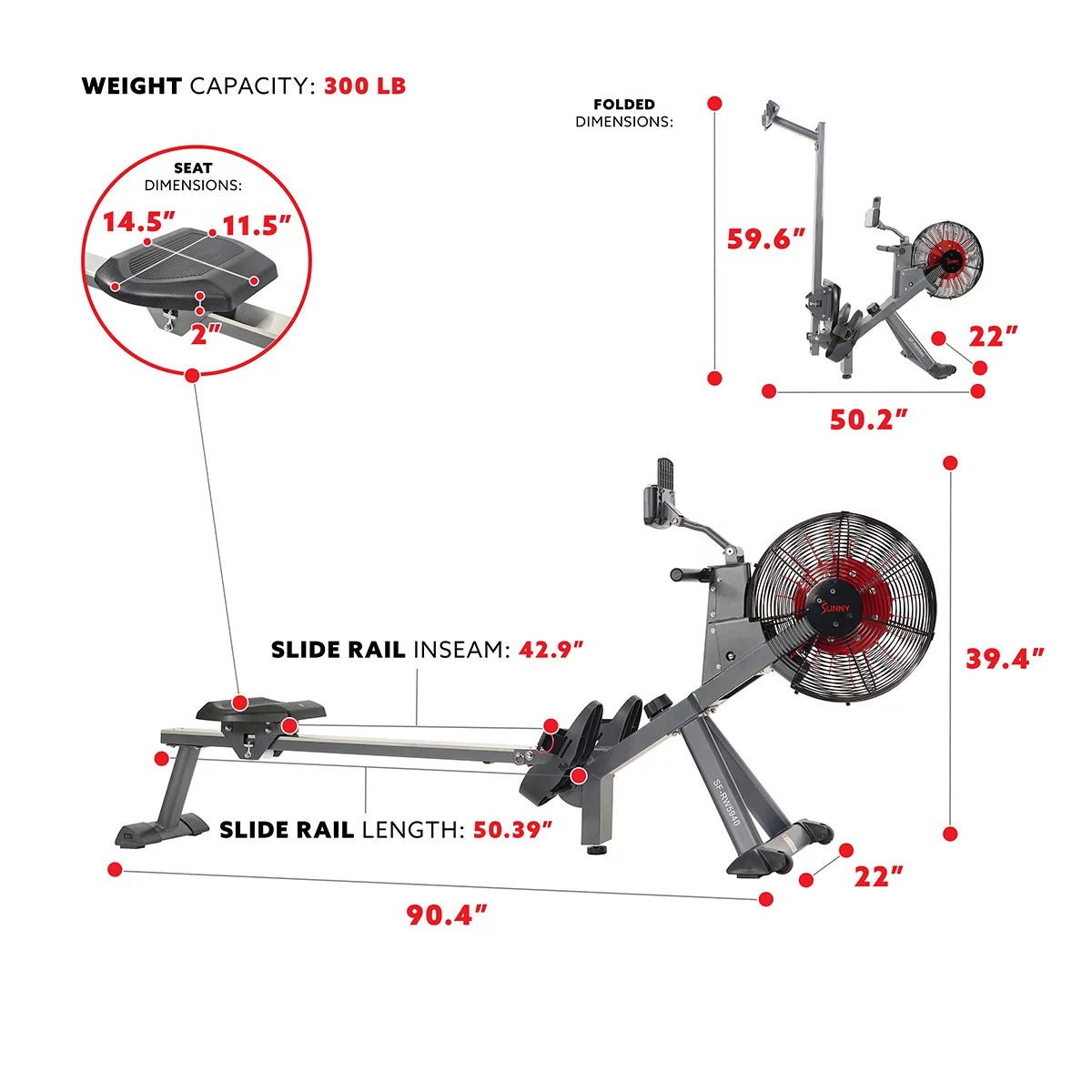 Sunny Health &#038; Fitness Magnetic Air Resistance Rowing Machine Rower for Full Body Exercise Home Gym Workouts, SF-RW5940