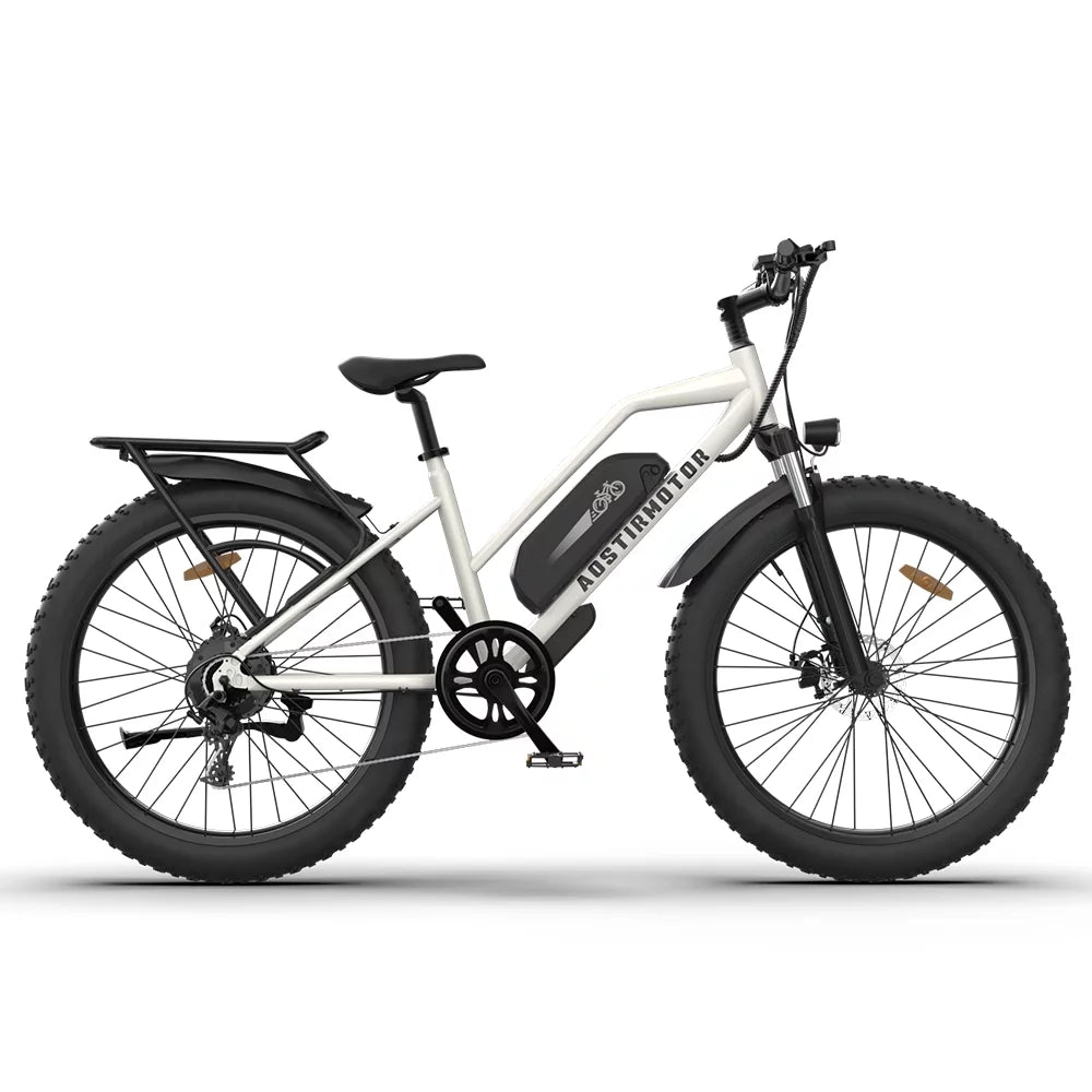 CLEARANCE! 26&#8243; 750W Electric Bike Fat Tire P7 48V 13AH Removable Lithium Battery for Adults Girls with Detachable Rear Rack Fender(White)