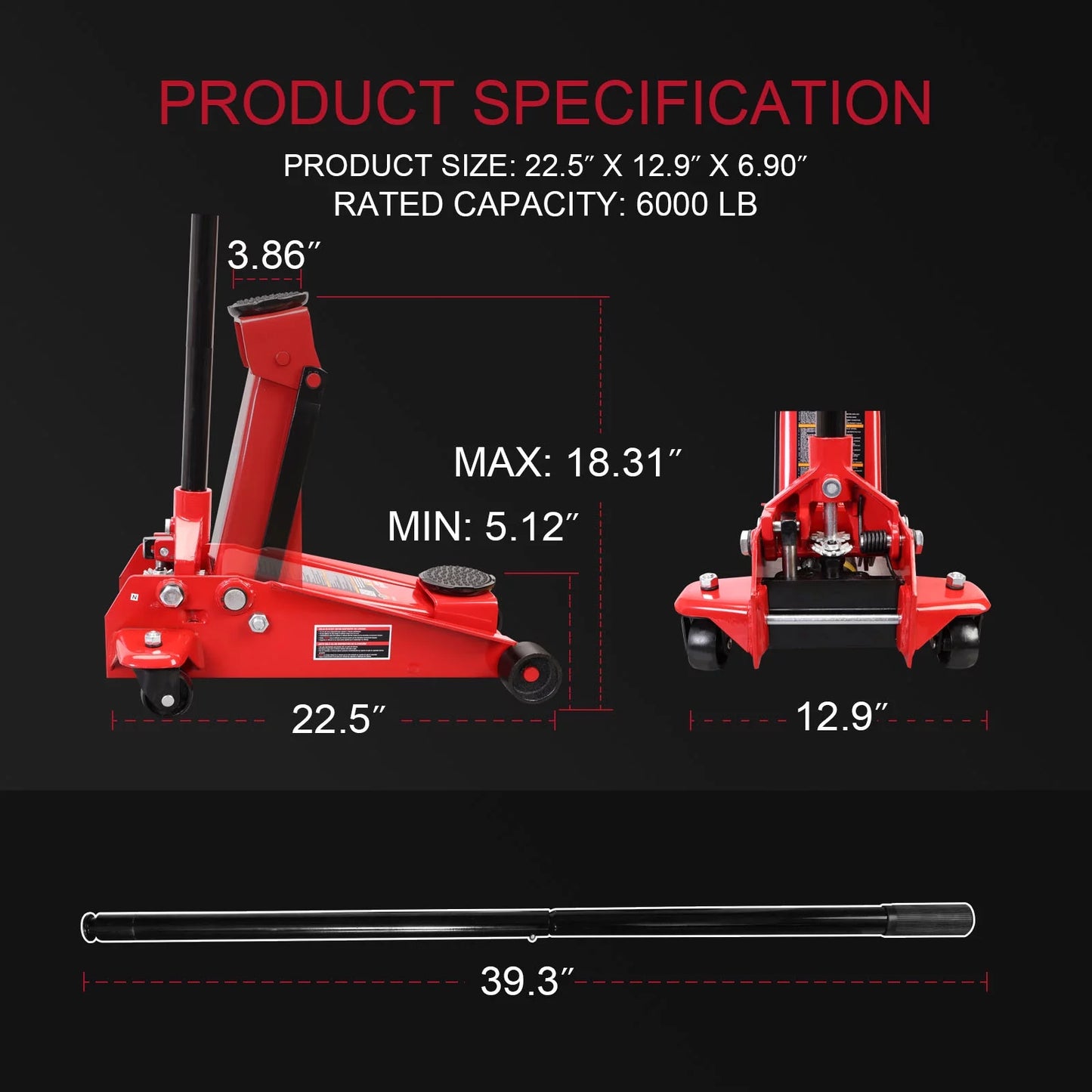 Big Red 3 Ton Hydraulic Floor Jack with Quick Lift Pump Car Jack, (6,000 lb) Capacity,Red,W83025