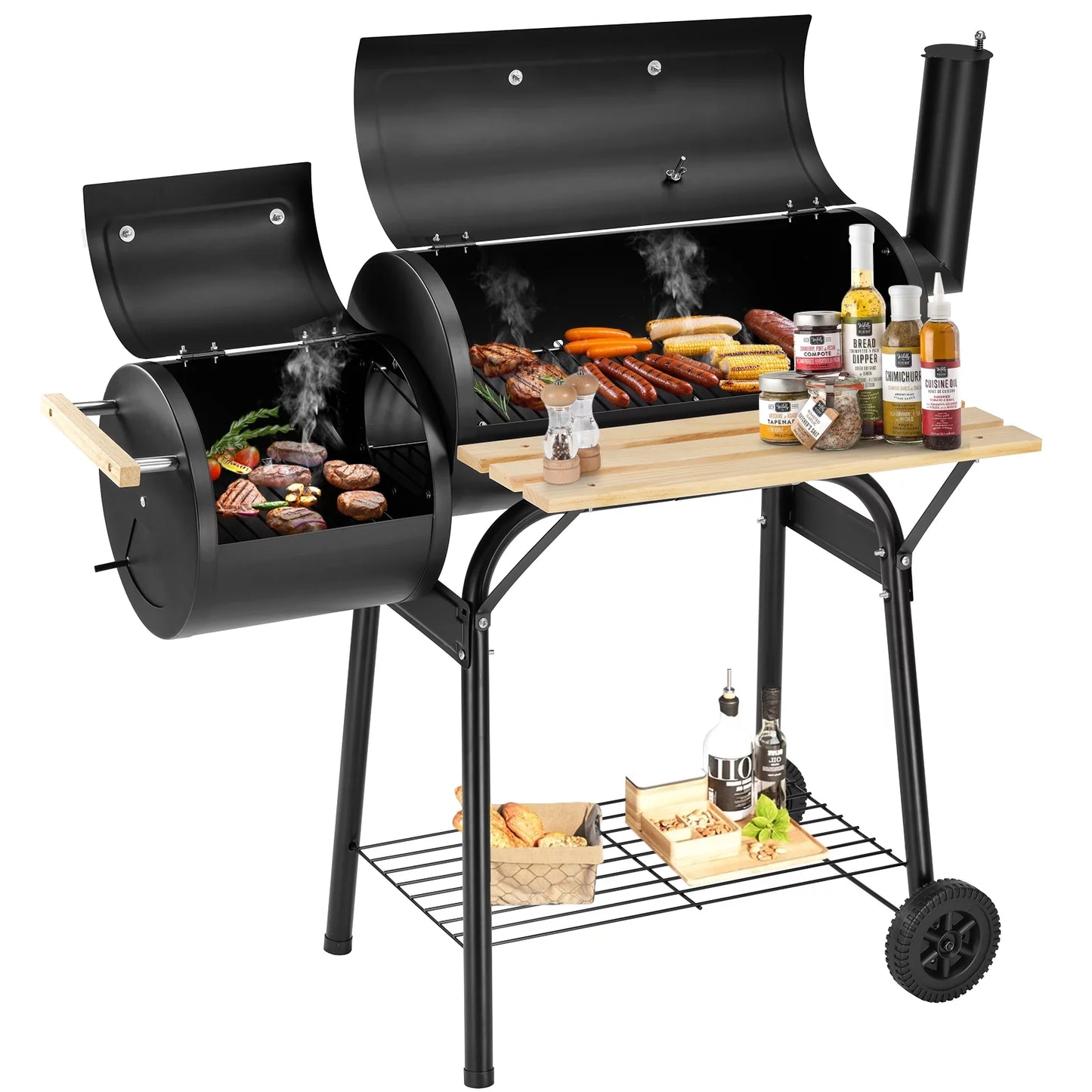 BBQ Charcoal Grill, 45.28-Inch Length Portable Barbecue Grill, Offset Smoker Barbecue Oven with Wheels &#038; Thermometer for Outdoor Picnic Camping Patio Backyard, B026