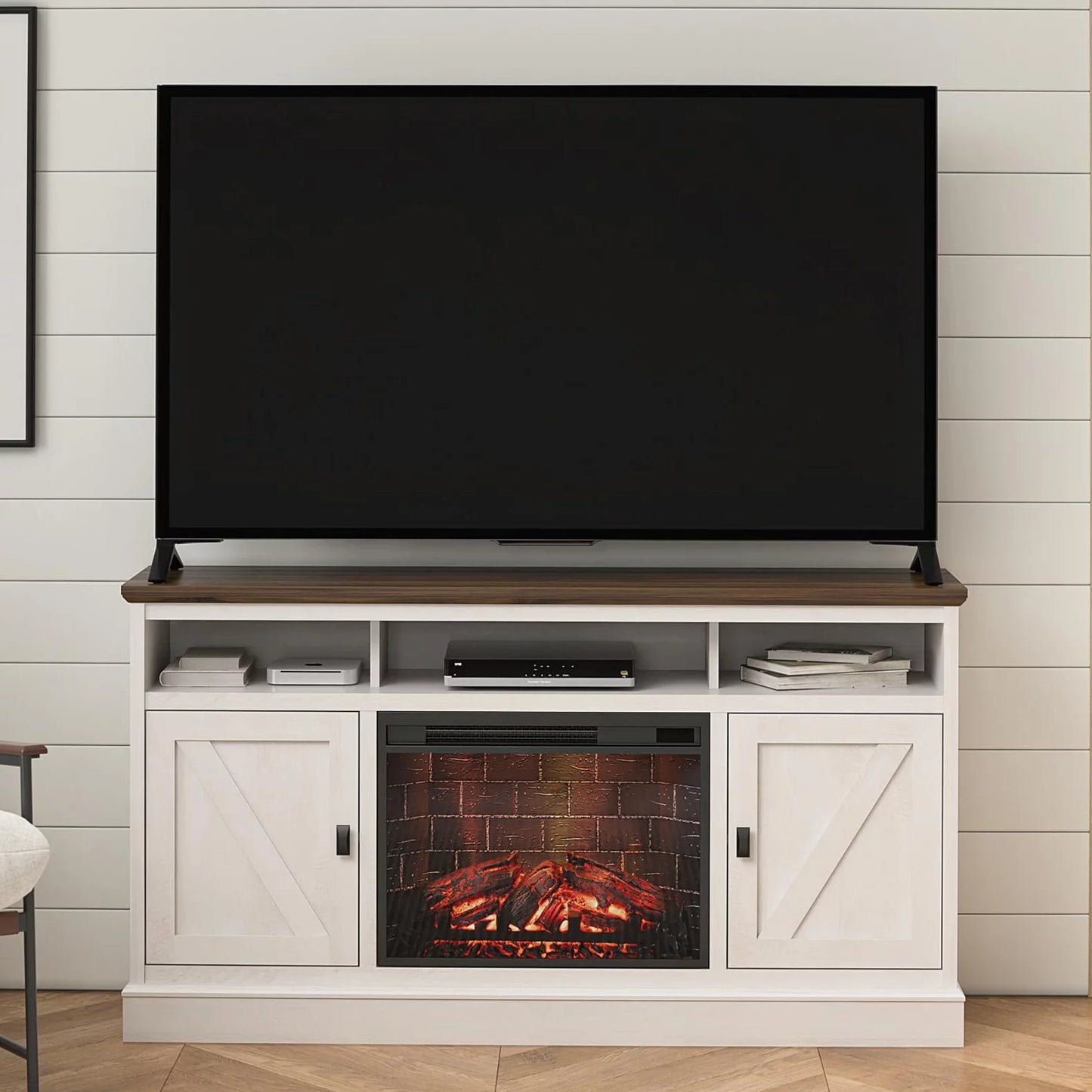 Ameriwood Home Ashton Lane Electric Fireplace TV Stand for TVs up to 65&#8243;, Black Oak