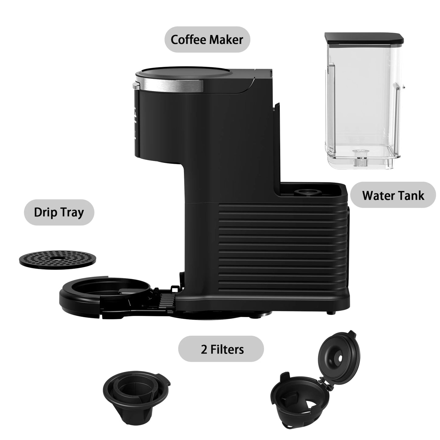 Besttey Coffee Maker 2-in-1 Single Serve Coffee Machine, for K-Cup Coffee Capsule Pod, Ground Coffee Powder Brewer, Black