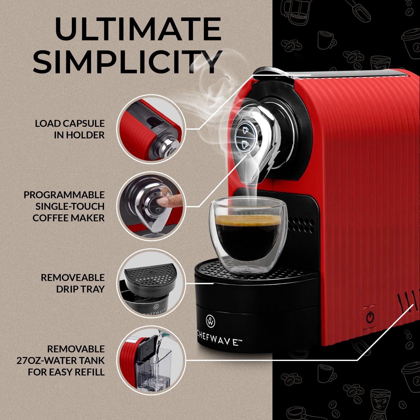 ChefWave Espresso Machine for use with Nespresso Capsules (Red), Holder and Cups