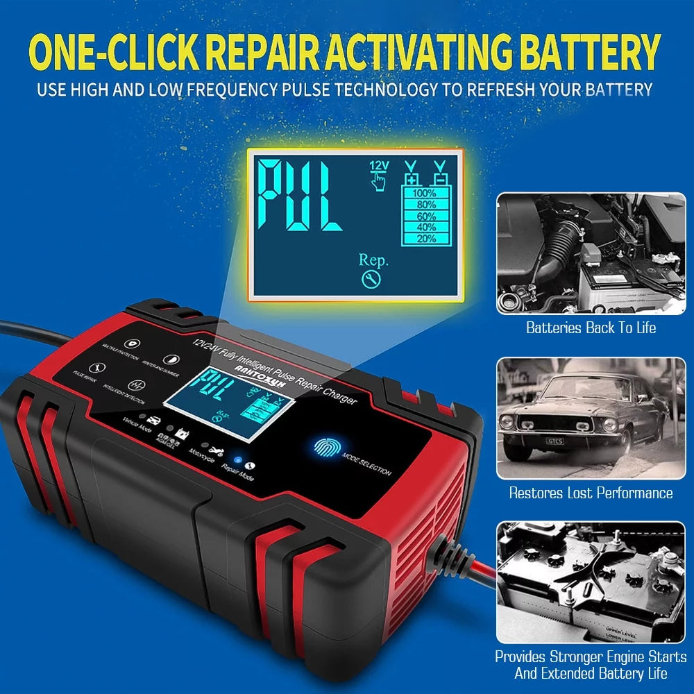 12V/8A 24V/4A Automatic Smart Battery Charger/Maintainer with LCD Display Pulse Repair Charger Pack for Car, Lawn Mower, Motorcycle, Boat, SUV and More &#8211; J30