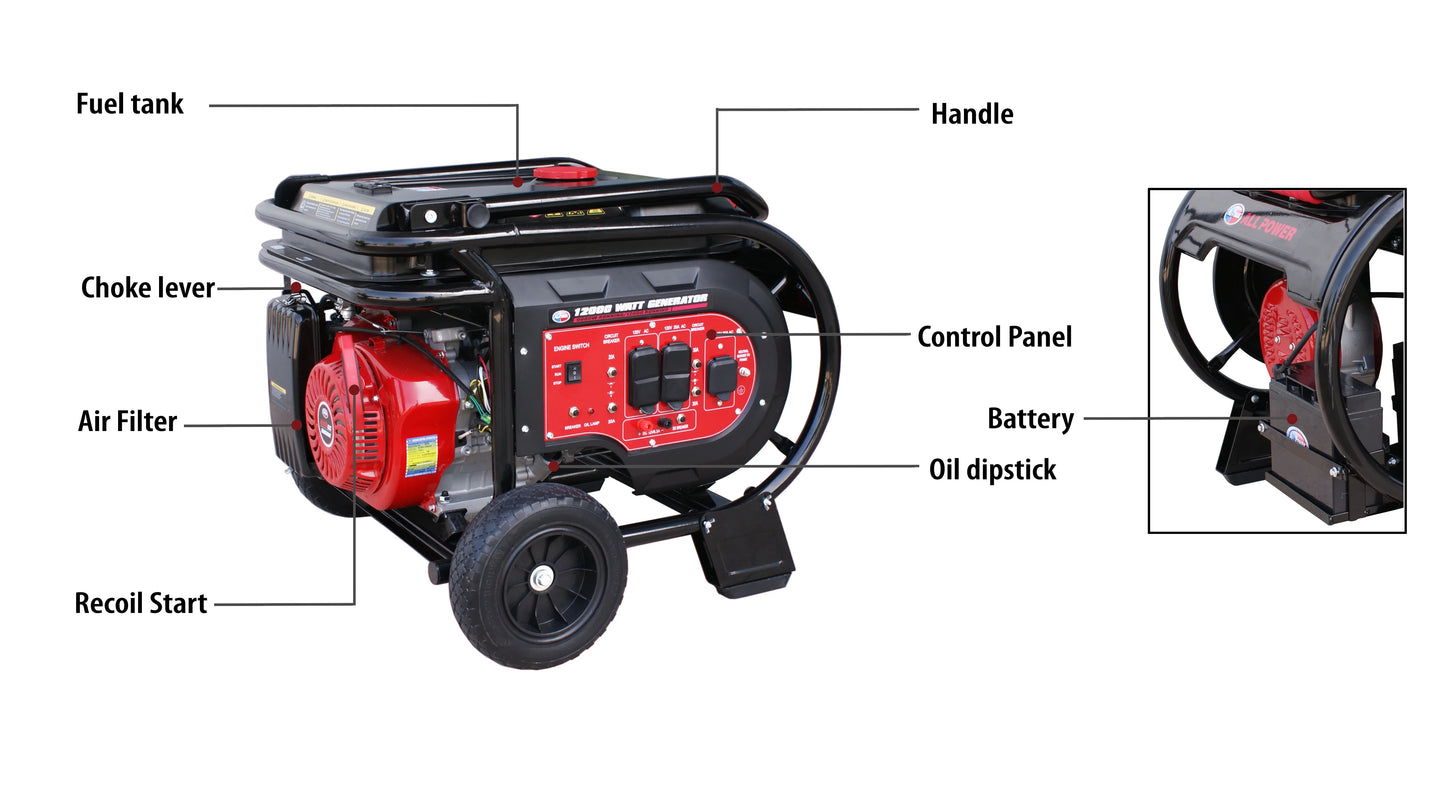 All Power Heavy Duty 12000 Watt Portable Generator with Electric Start, 12000W Gas Powered w/ 120/240V 30A AC, G12000E