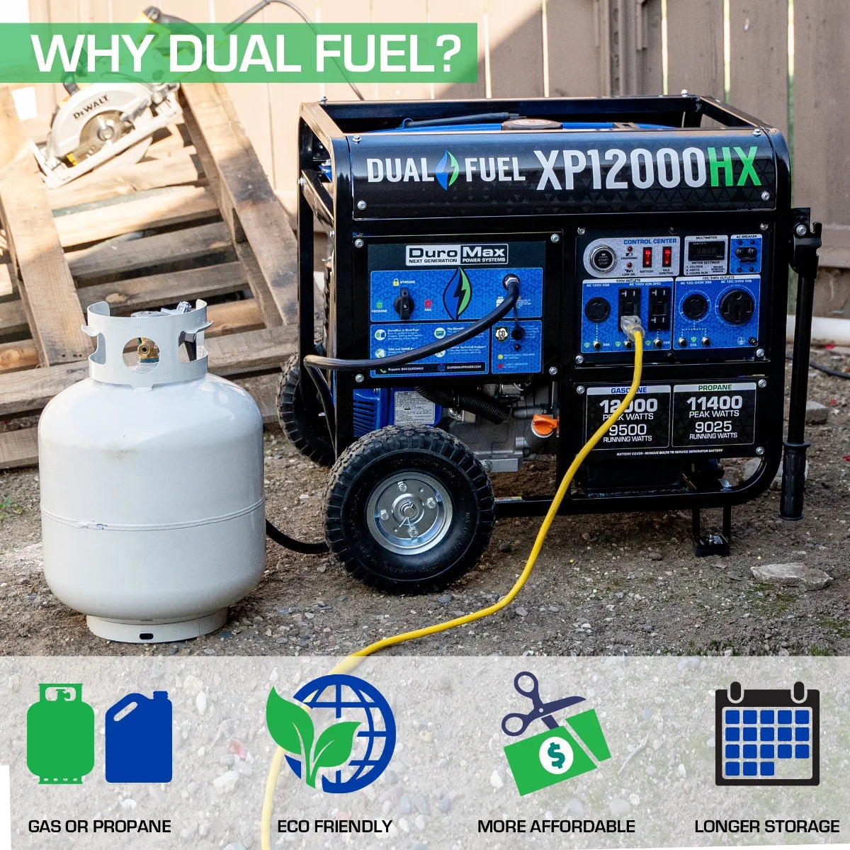 Duromax-XP12000HX DuroMax Generator Dual Fuel Gas Propane Portable with CO Alert 12,000 Watt