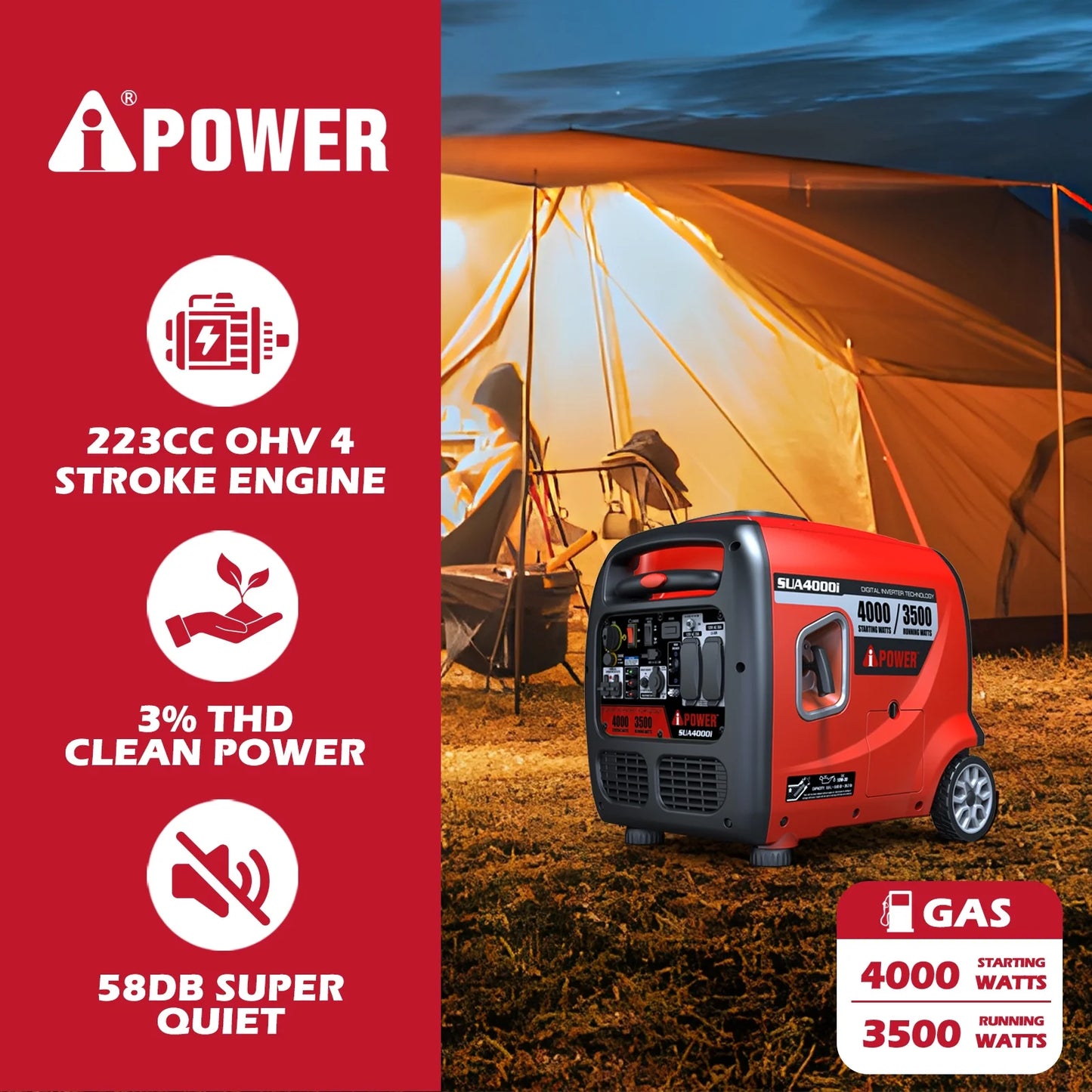 A-iPower  4,000-Watt Portable Inverter Generator Gas Powered, RV Ready for Camping, Tailgate, or Home Emergency