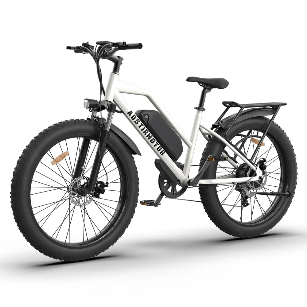 CLEARANCE! 26&#8243; 750W Electric Bike Fat Tire P7 48V 13AH Removable Lithium Battery for Adults Girls with Detachable Rear Rack Fender(White)