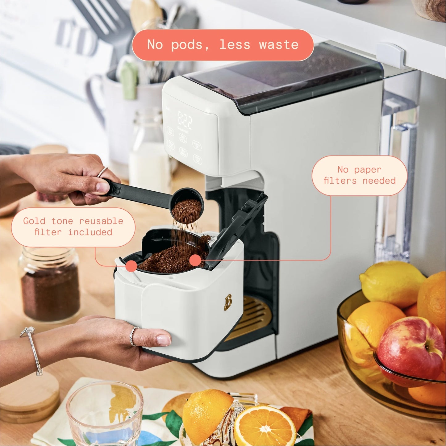 Beautiful Perfect Grind Programmable Single Serve Coffee Maker, White Icing by Drew Barrymore