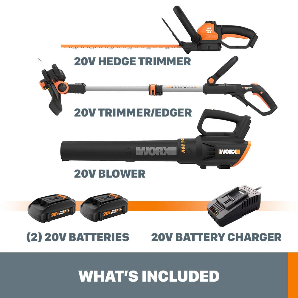 Worx WG931 Power Share 20V Cordless Grass Trimmer, Hedge Trimmer, &#038; Blower Combo (Batteries and Charger Included)