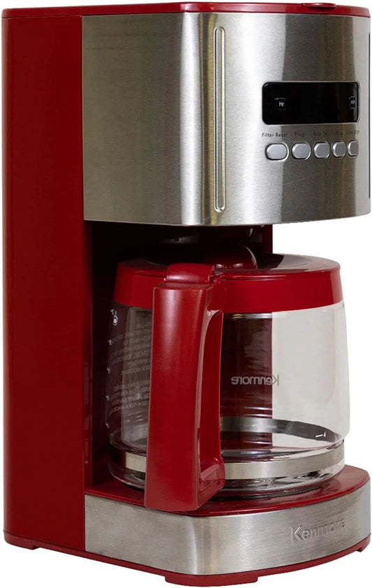 Cup Programmable Coffee Maker, Red and Stainless Steel Drip Coffee Machine, Glass Carafe, Reusable Filter, Timer, Digital Display Charcoal Water Filter, Regular or Bold